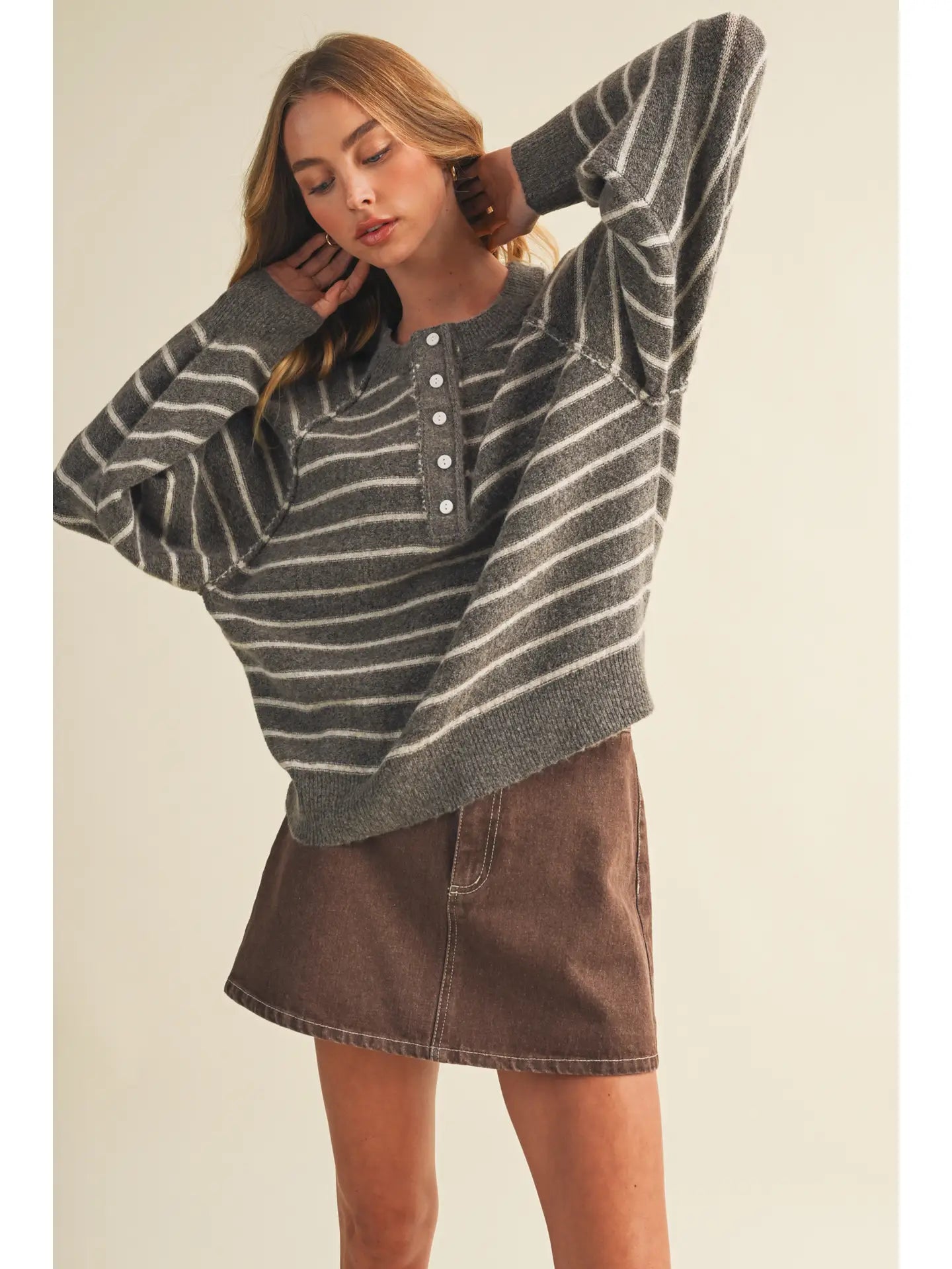 Button-Placket Stripe Knit Pullover
