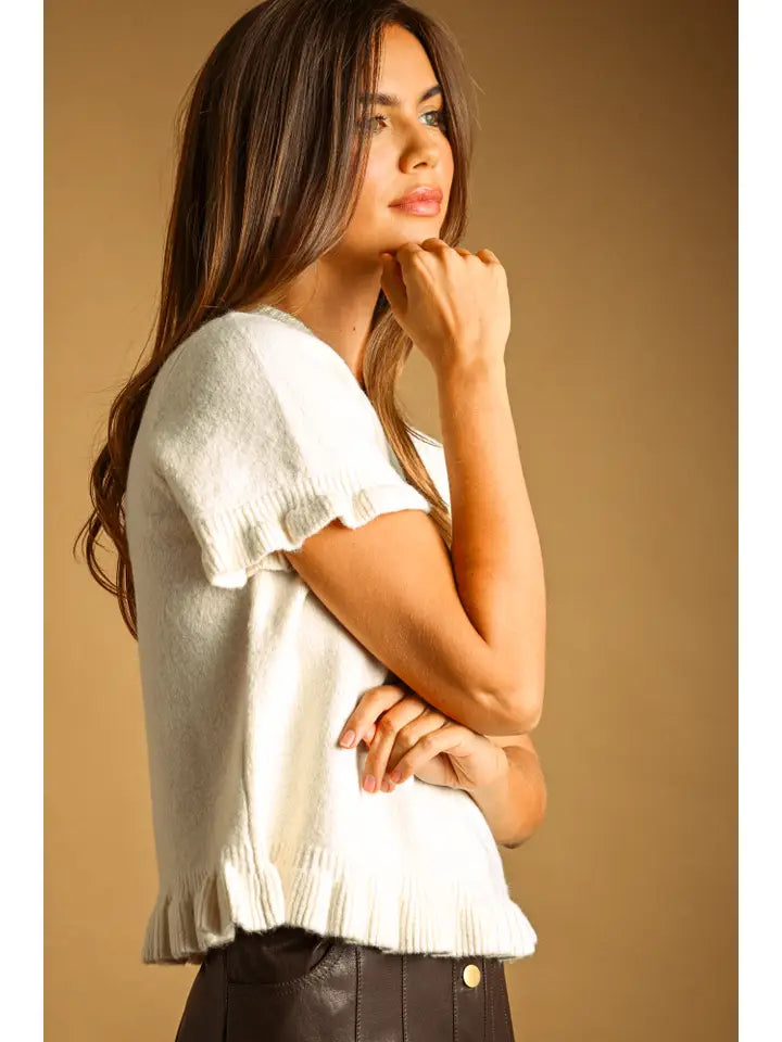 Ruffle Hem Short Sleeve Sweater Top