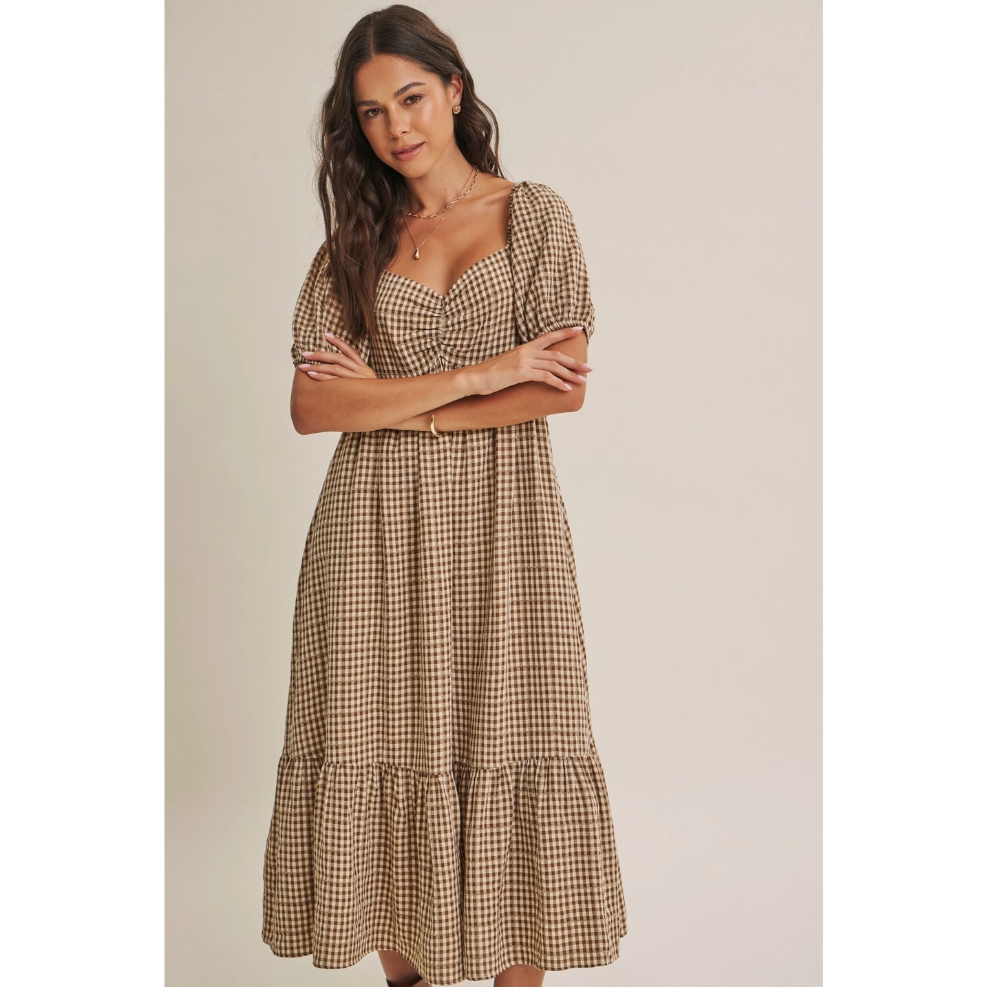 Plaid Smocked Midi with Puff Sleeve