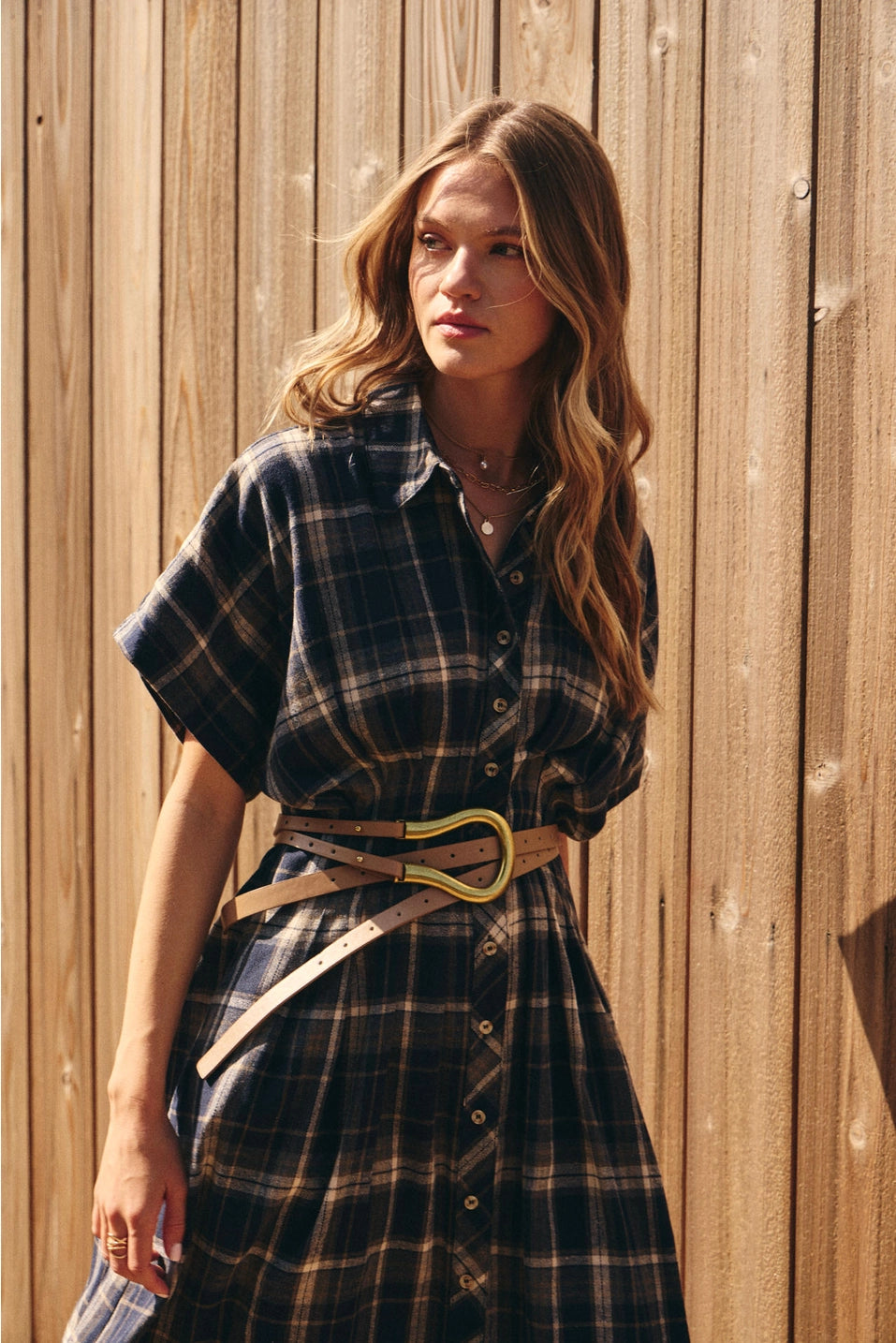 Pin-Tucked Waist Plaid Midi Dress