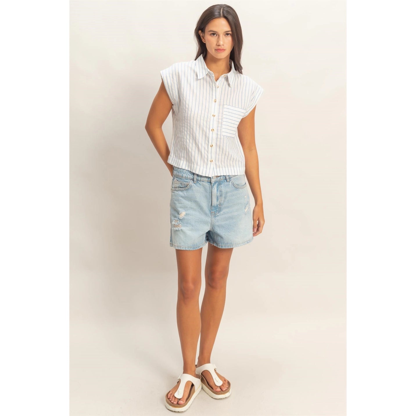Striped Sleeveless Button-Up Shirt