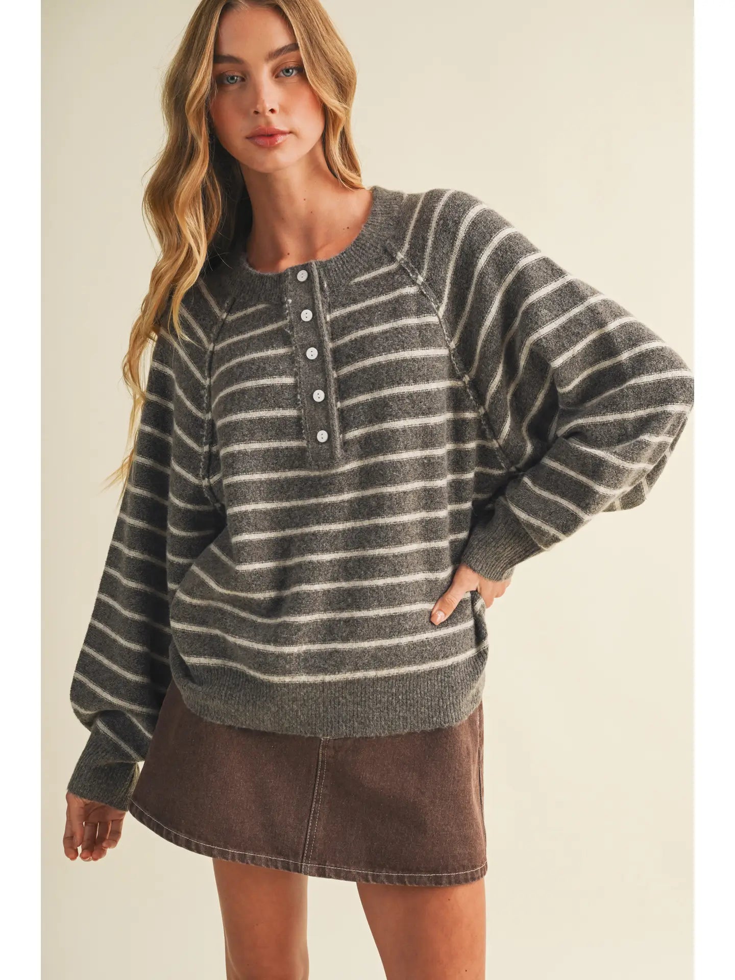 Button-Placket Stripe Knit Pullover