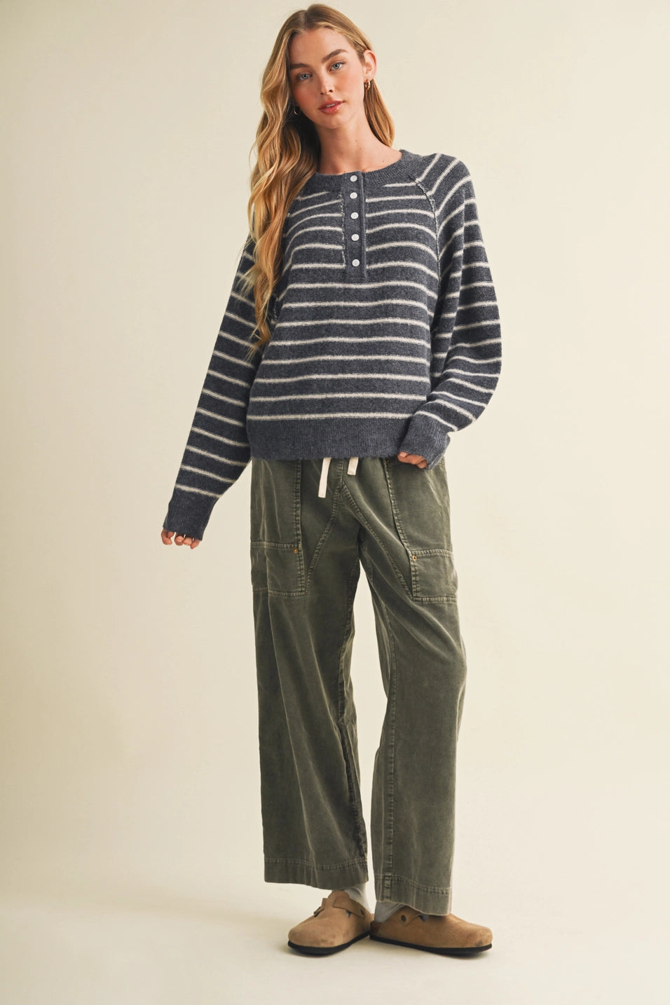 Button-Placket Stripe Knit Pullover