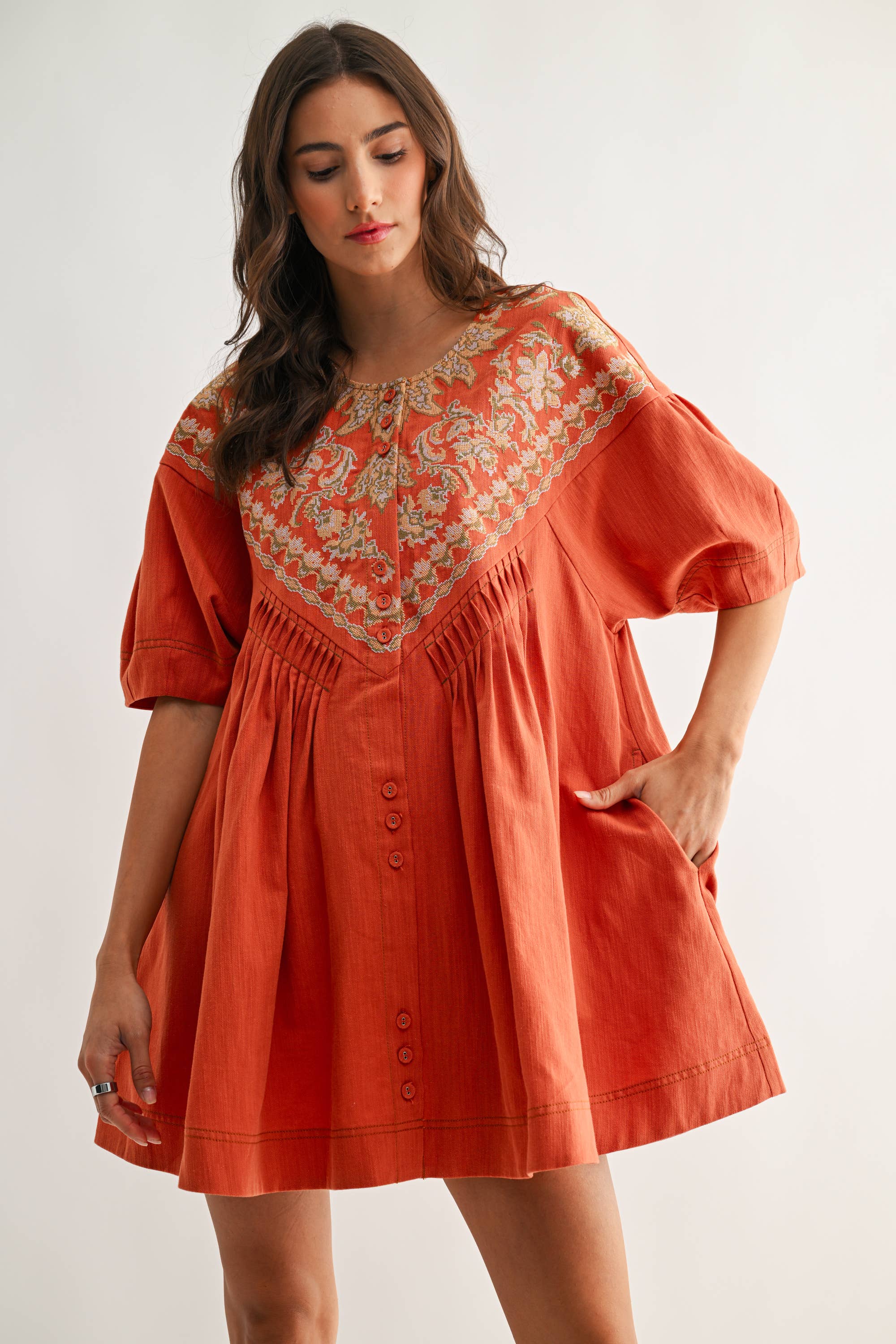 CJD26988 Embroidered Linen Tunic Dress
