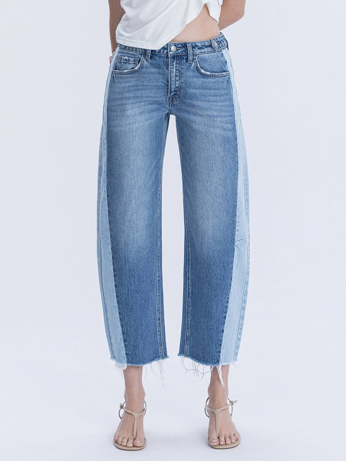 Two Tone High Rise Barrel Jean