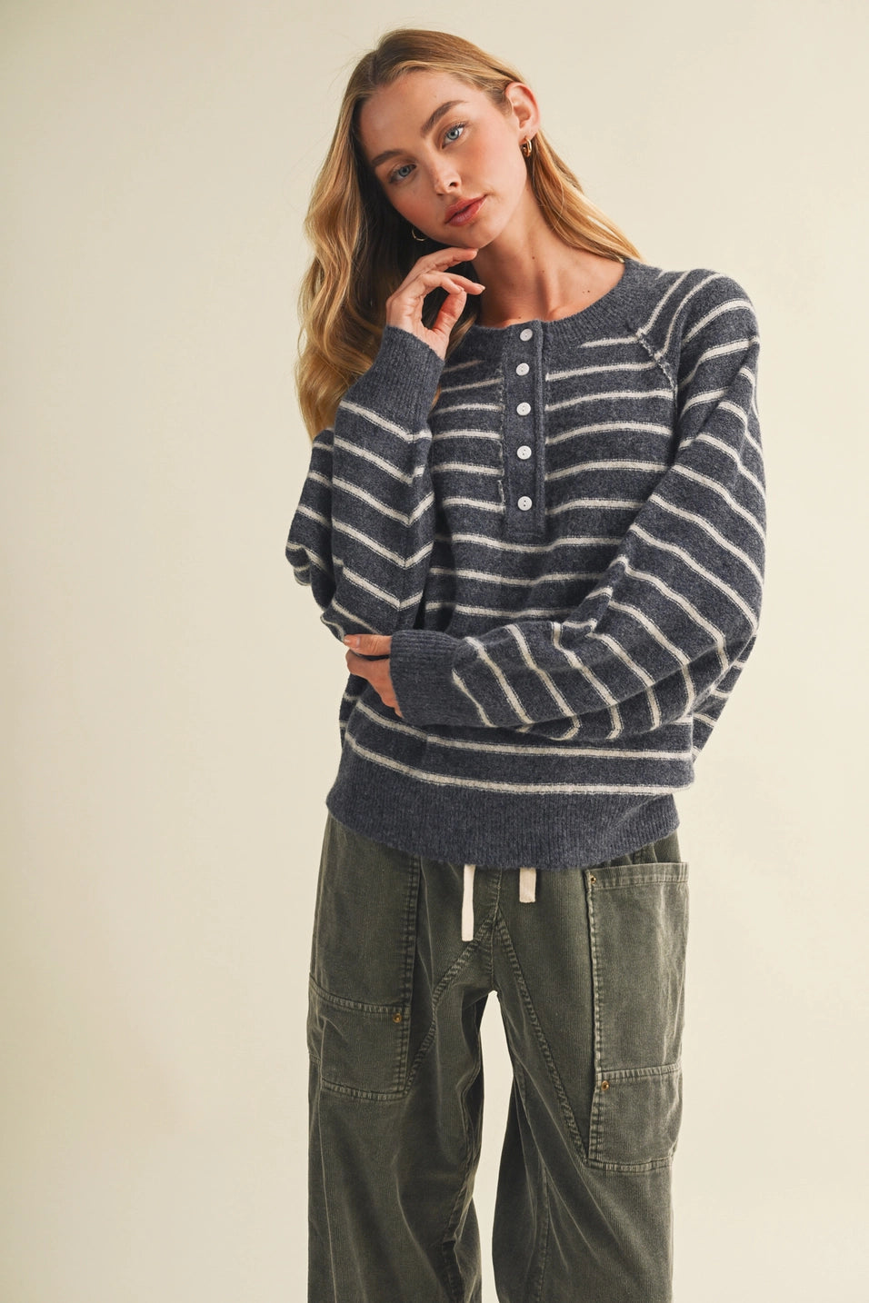 Button-Placket Stripe Knit Pullover